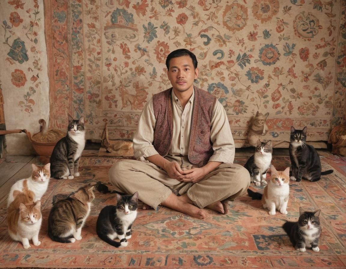 Puzzled Man Surrounded by Cats on Nepalese Carpet