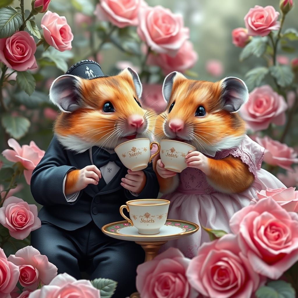 Hamster Couple's High Tea in Hyperrealistic Style