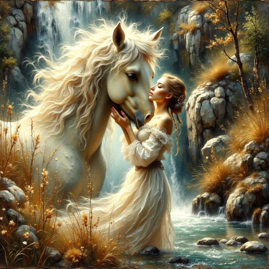 Ethereal Horse and Woman Portrait in Golden Light