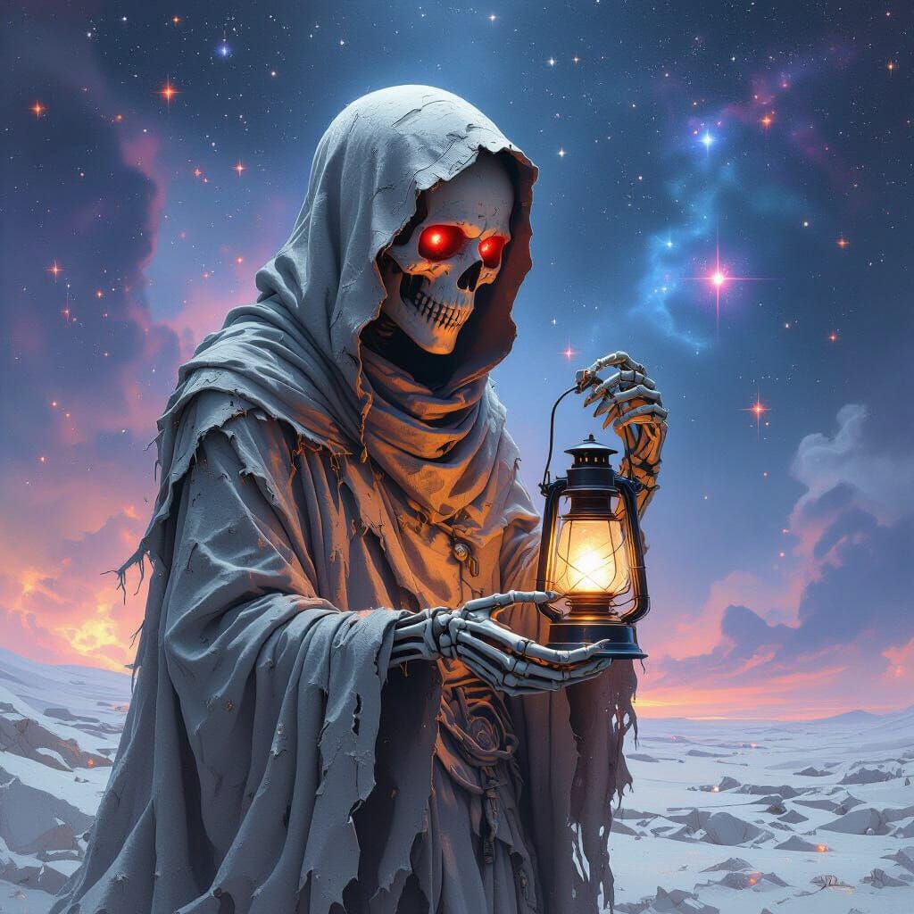 Nebula Skeleton with Lantern in Cosmic Void