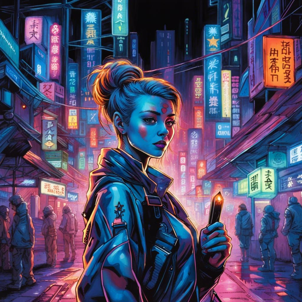 Cyberpunk Girl with Skull Facepaint in Neon City