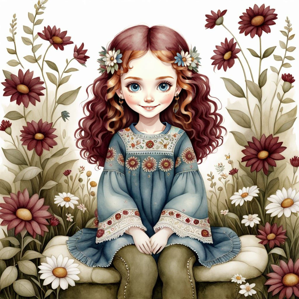 Whimsical Watercolor Girl in Boho Attire