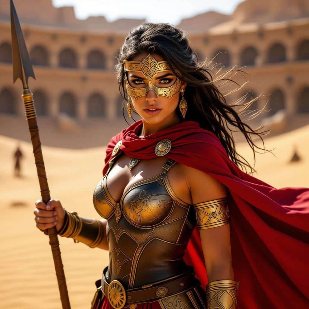 Female Desert Gladiator in Crimson Cape, Realistic Style