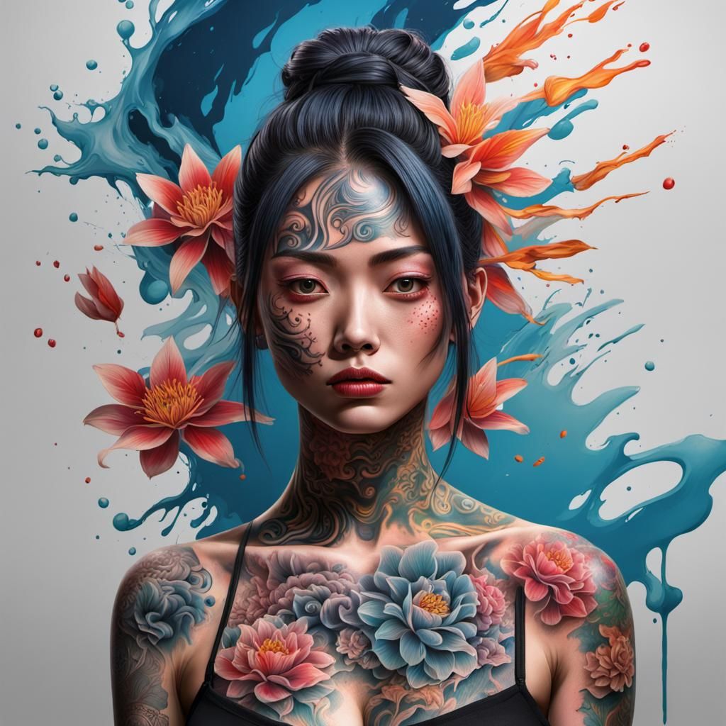 Girl with Japanese Tattoos in Hyperrealistic Style
