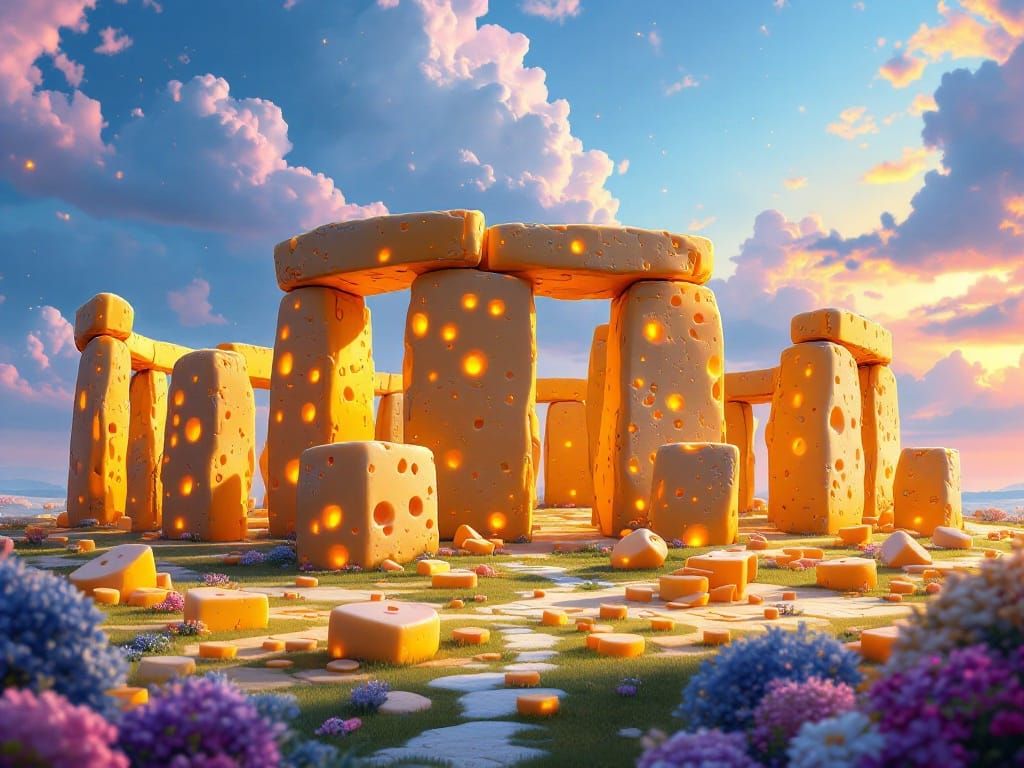 Glowing Cheese Replica of Stonehenge in Dreamlike Landscape