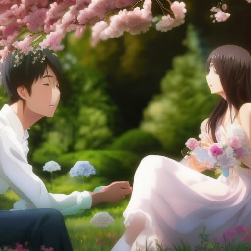Romantic Anime Couple in Cherry Blossom Park