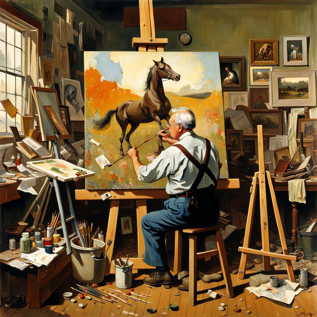 Man Painting Horse, Norman Rockwell Style Illustration