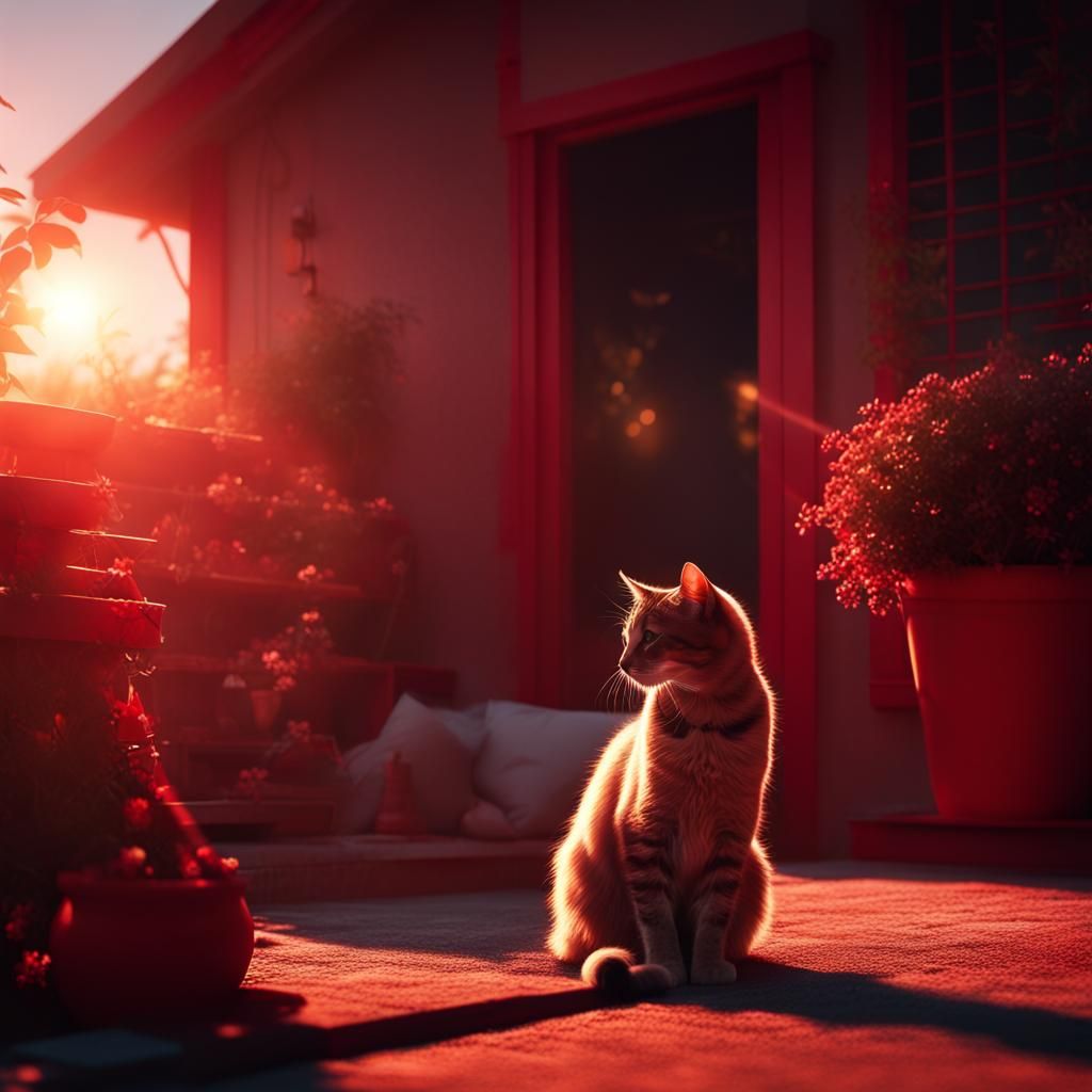 Cats Playing in a Backyard at Sunset