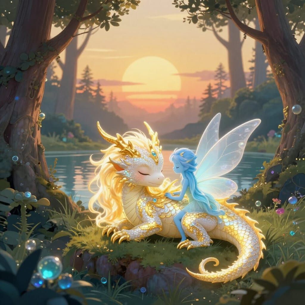 Baby Dragon and Fairy at Enchanted Forest Sunset