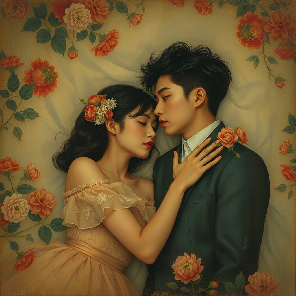 Ethereal Lovers in a Dreamlike Floralscape