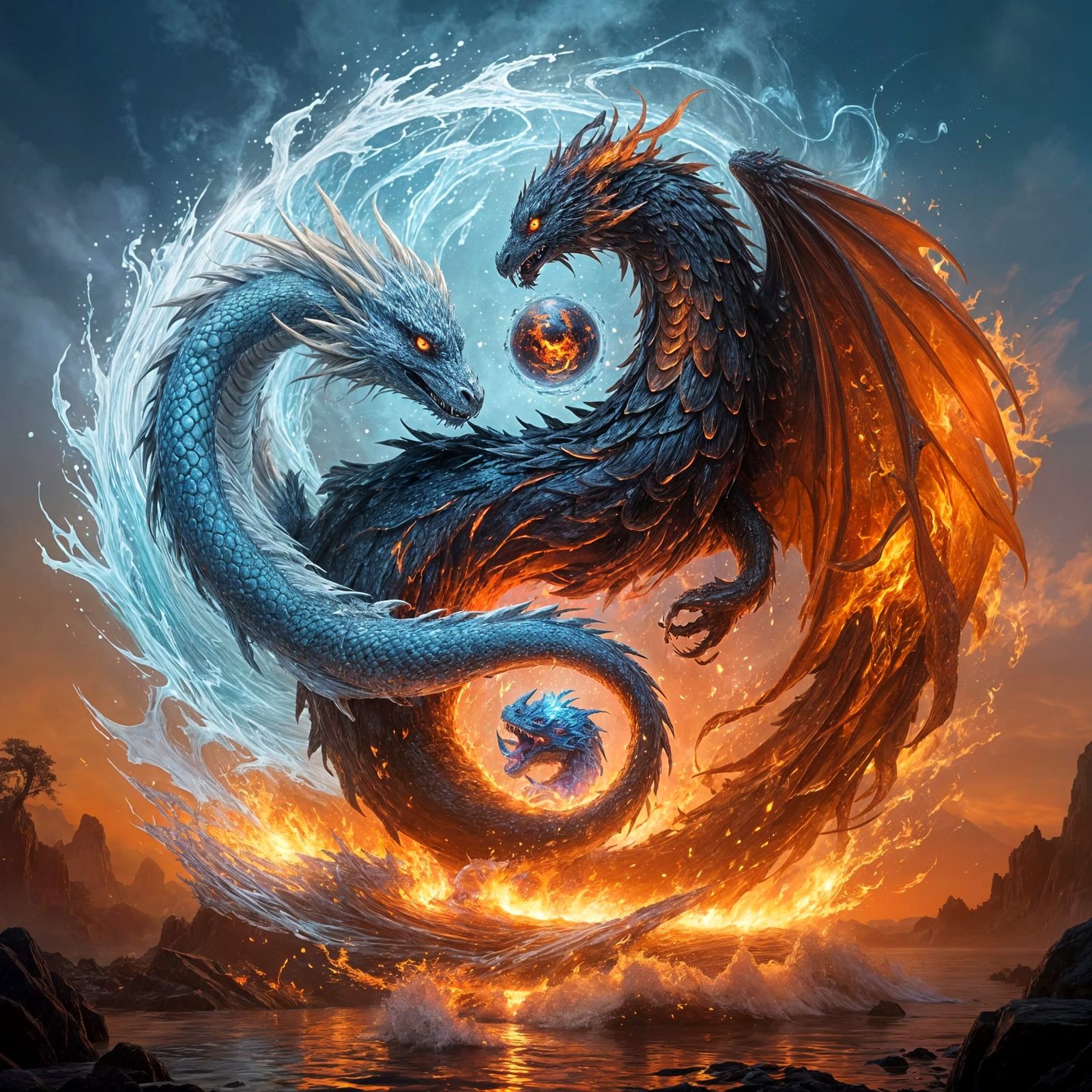 Yin Yang Dragon and Phoenix Digital Art