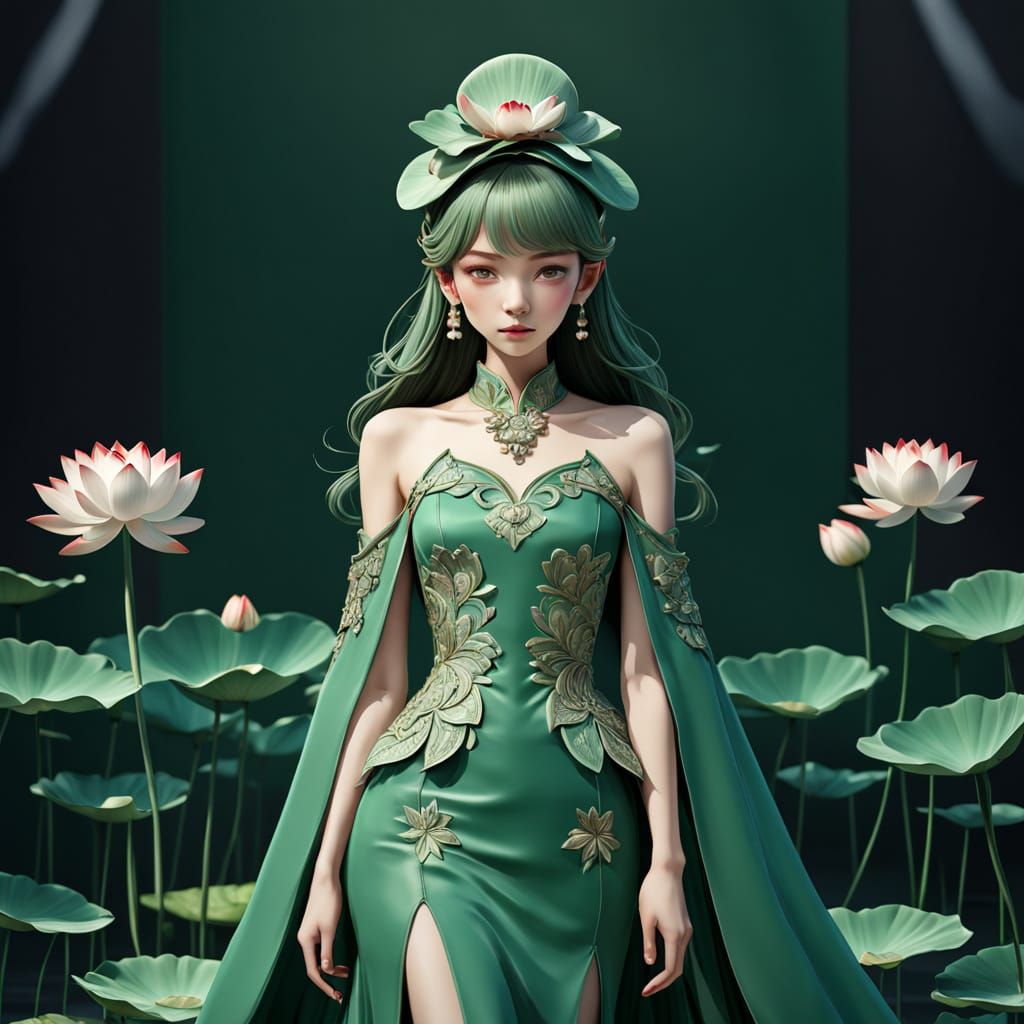 Stunning Green Goddess in Lotus-Inspired Haute Couture