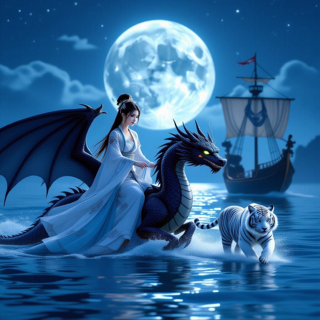 Girl on Dragon with Tiger Running from Ghost Ship