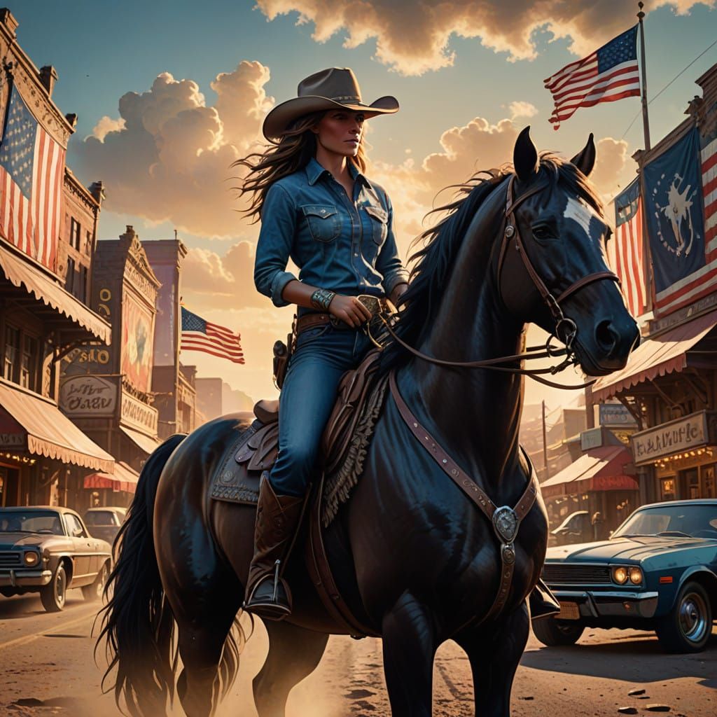 Western Cowgirl on Majestic Stallion in Retro Car Show