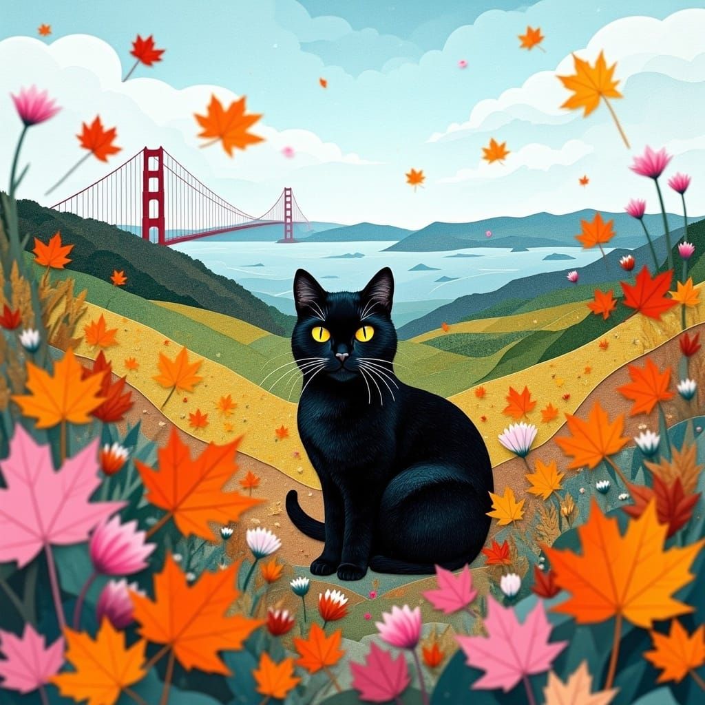 Black Cat Overlooking Golden Gate in Paper Art Style