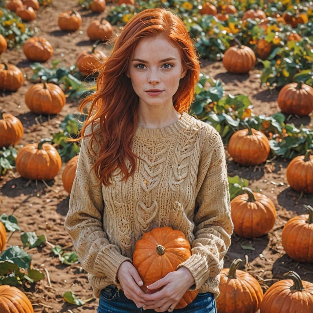 Red-Haired Woman in Pumpkin Patch: Impasto Watercolor