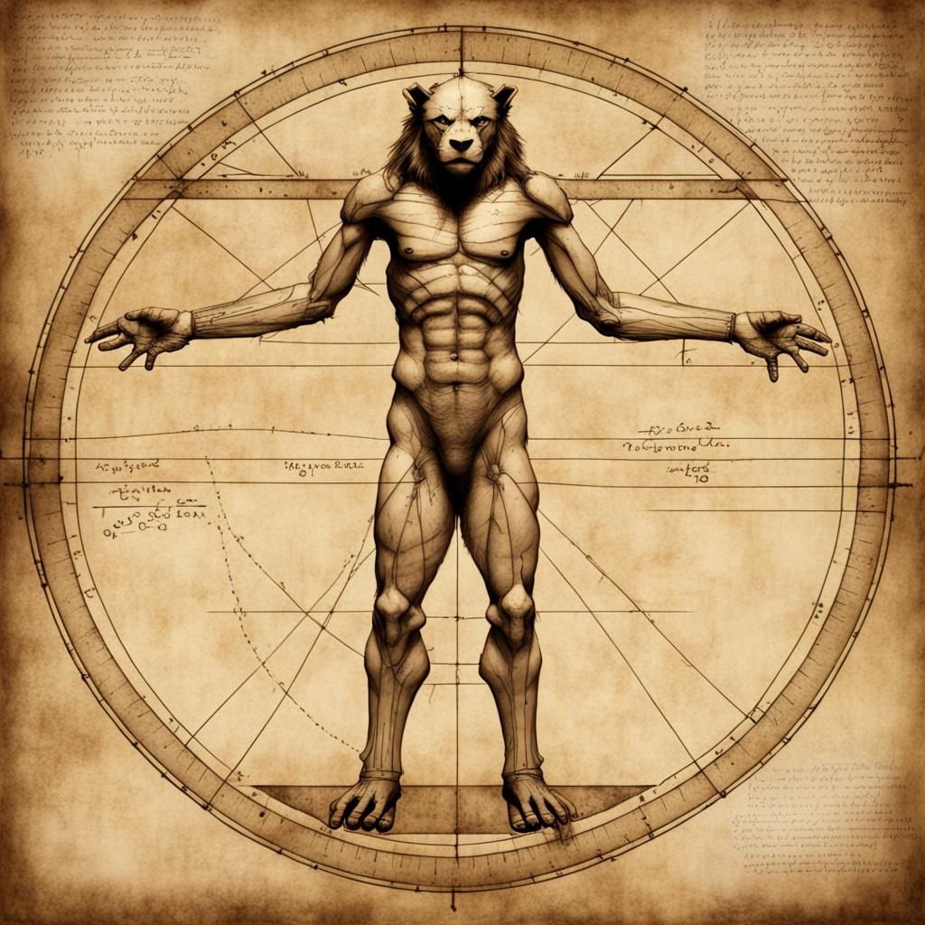 Vitruvian Gnoll in Sepia Tones on Papyrus