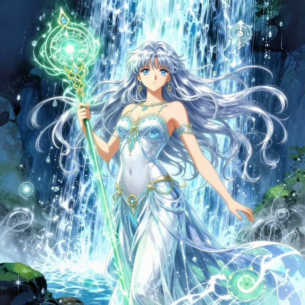 Anime Goddess Emerges from Ethereal Waterfall