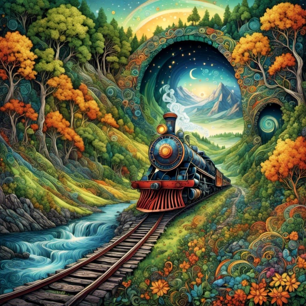 Train Emerges from Tunnel in Zentangle Meadow