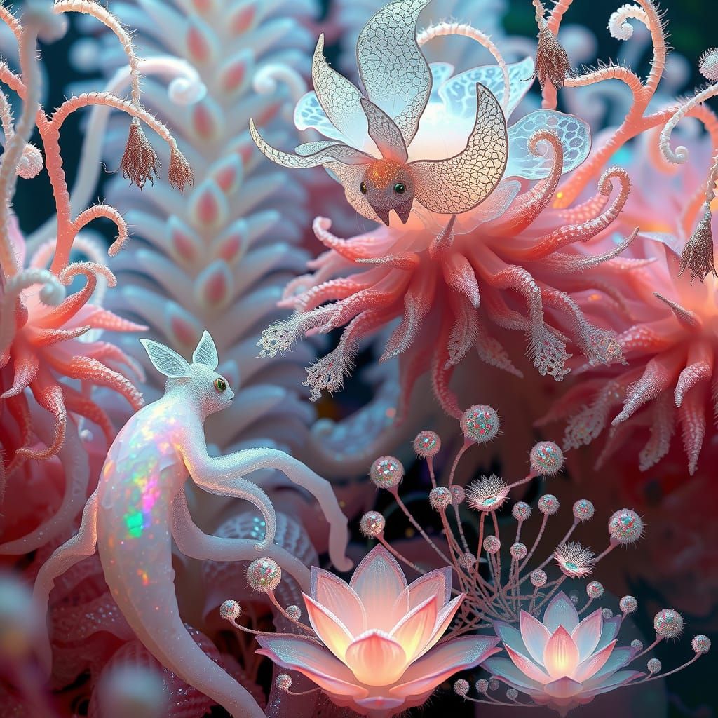 Surreal, Iridescent Beings Dance in a Dreamlike Ecosystem