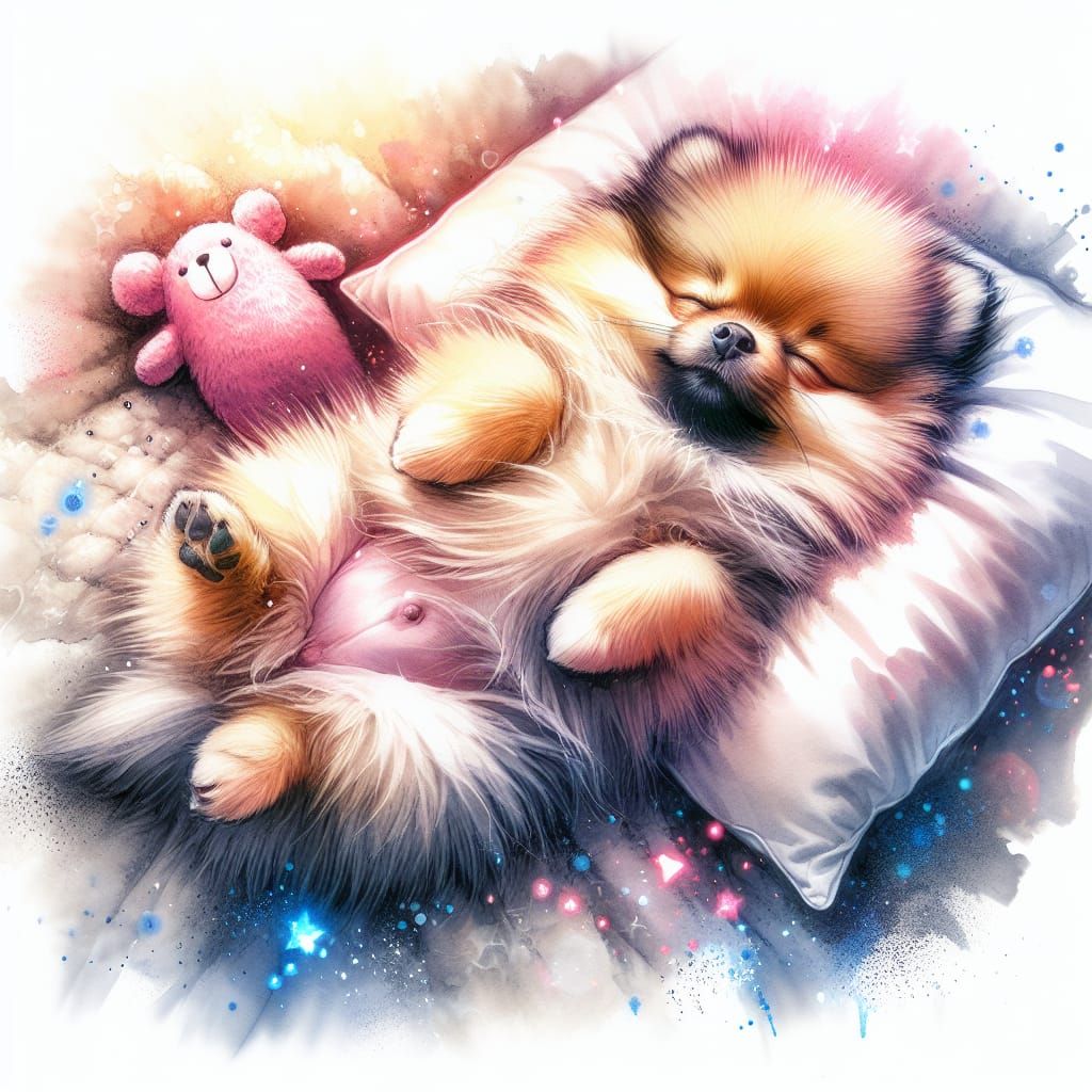 Vibrant Watercolor Portrait of a Sleeping Pomeranian