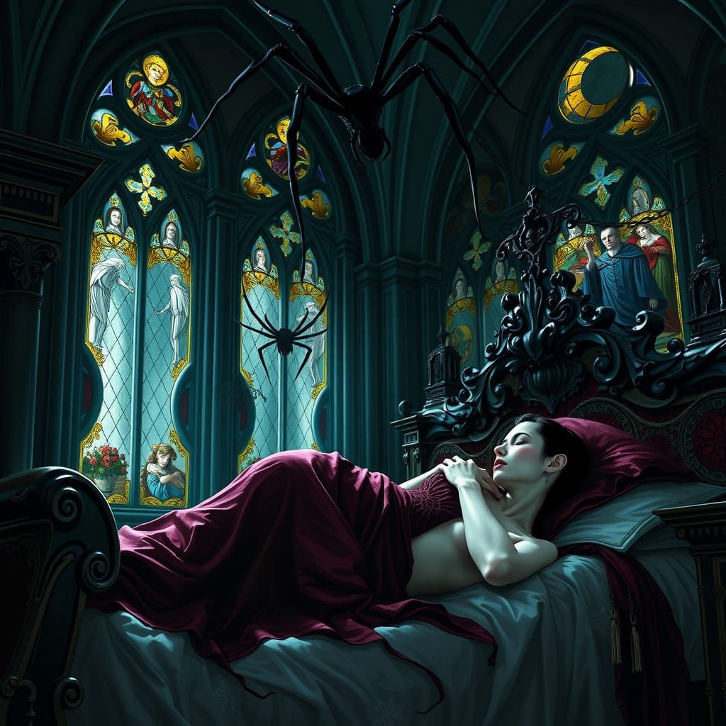 Vampire Queen Asleep with Spider in Gothic Setting