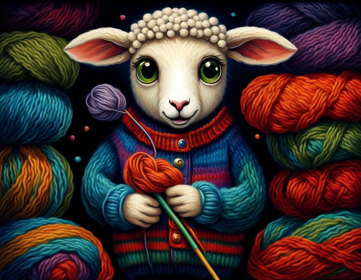 Cute Sheep Knitting: Impasto Storybook Illustration