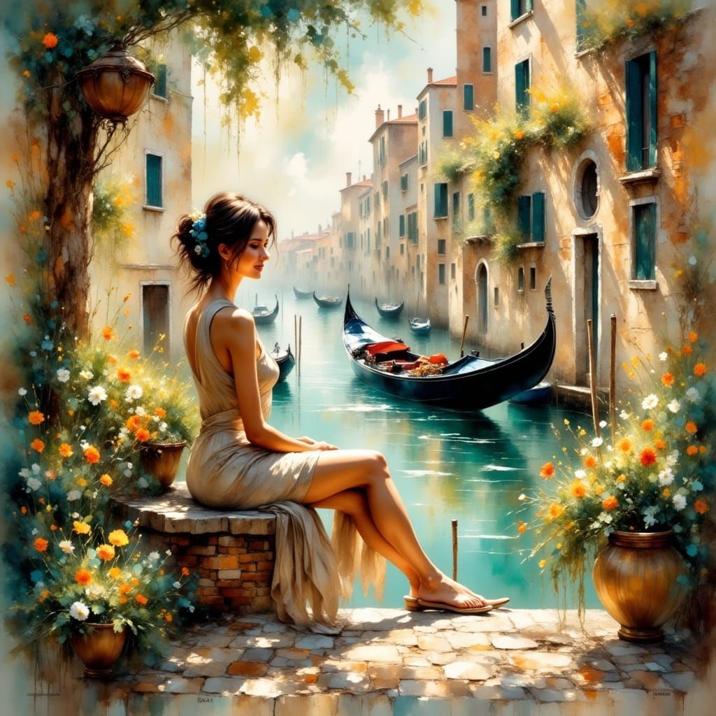 Venice Terrace Scene in Impressionist Style