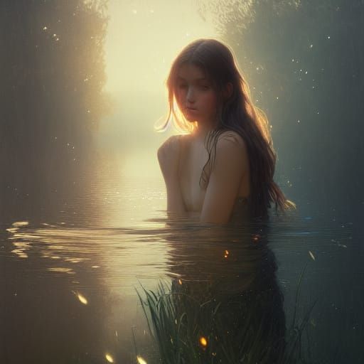 Fantasy Girl in Lake with Fireflies