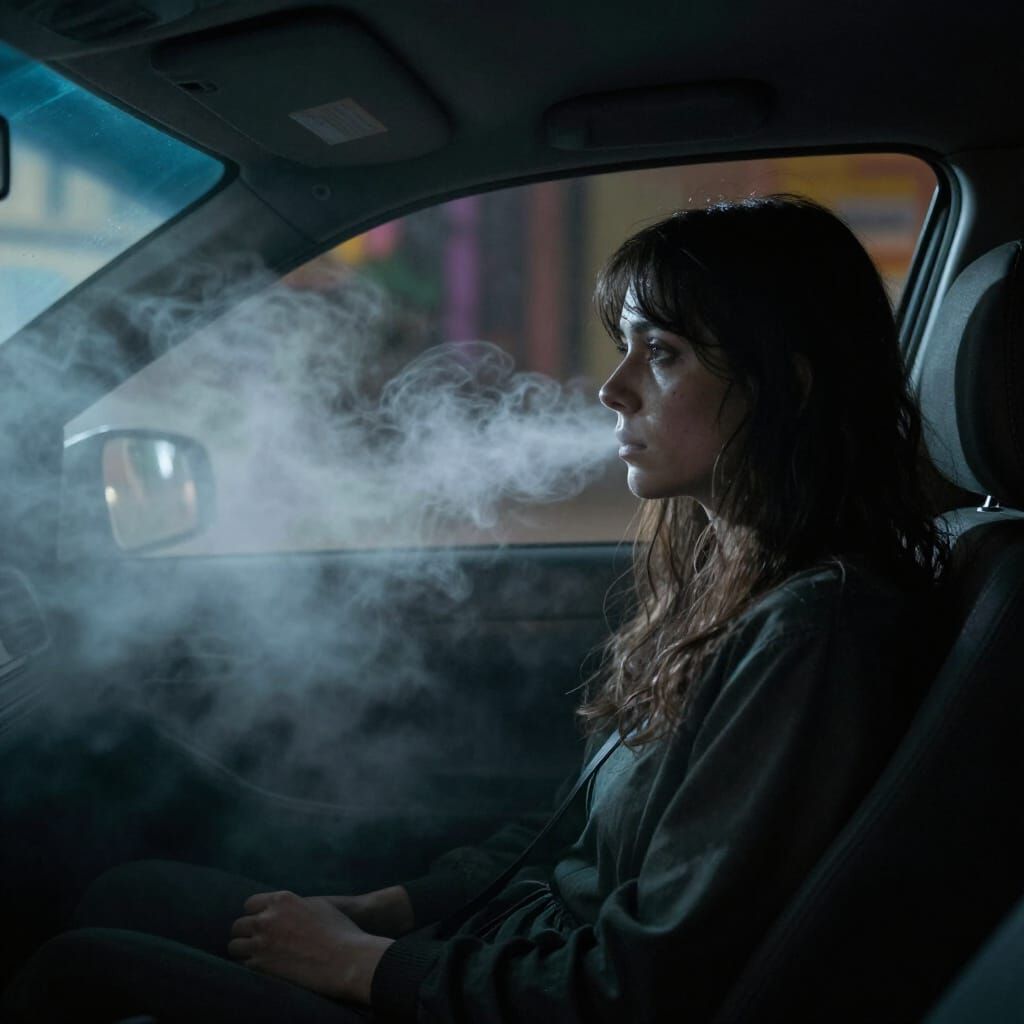 Ghostly Presence in Misty Car Interior at Night