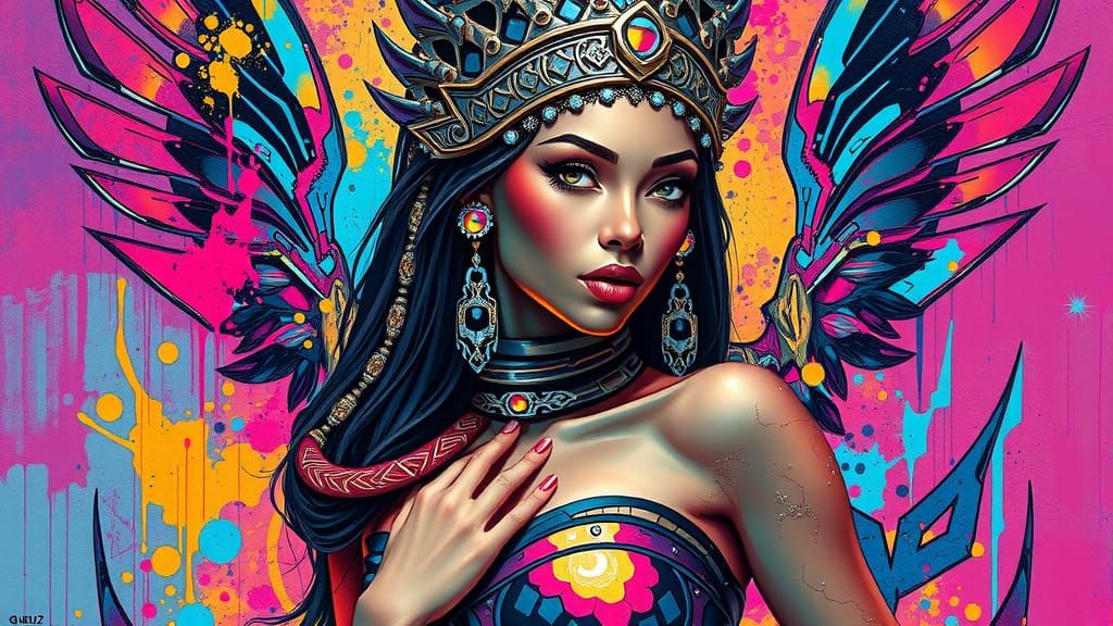 Regal Woman in Cyberpunk Futurism Oil Painting