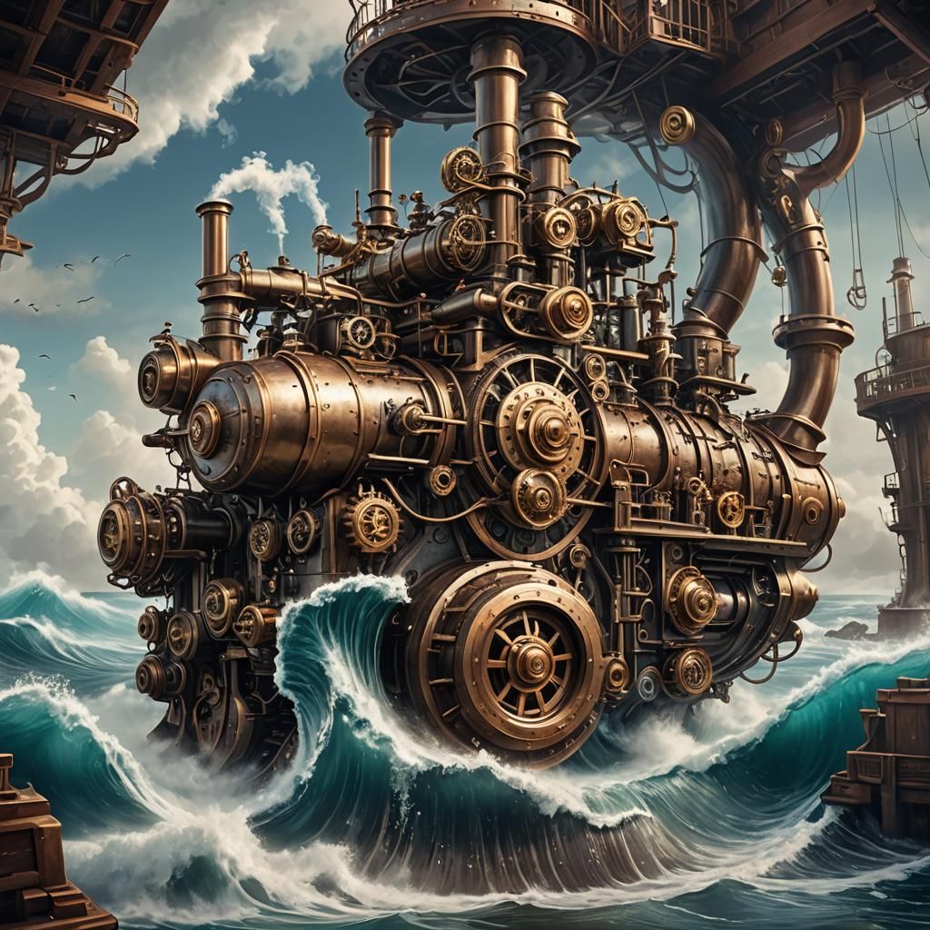Steampunk Ocean Wave Powered by Engine
