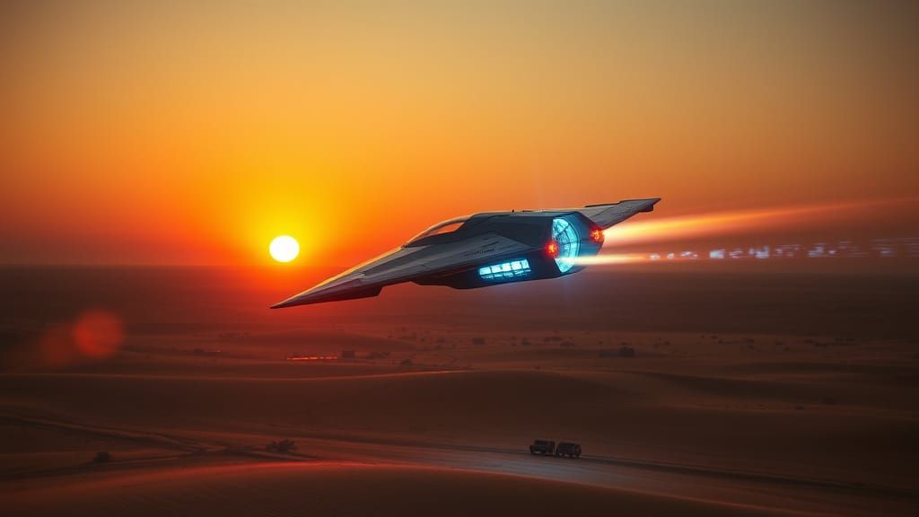 Surreal Cosmic Craft Speeds Over Mars Desert at Sunset