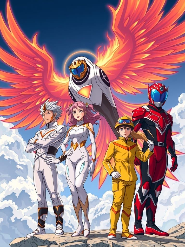 Gatchaman Heroes Stand with Fiery Phoenix Spaceship in the S...