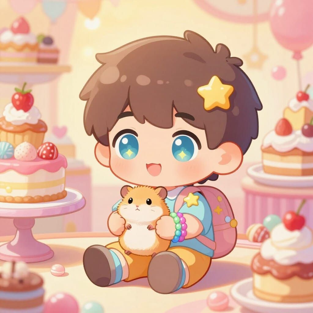 Chibi Boy with Hamster in Kawaii Dessert Cafe