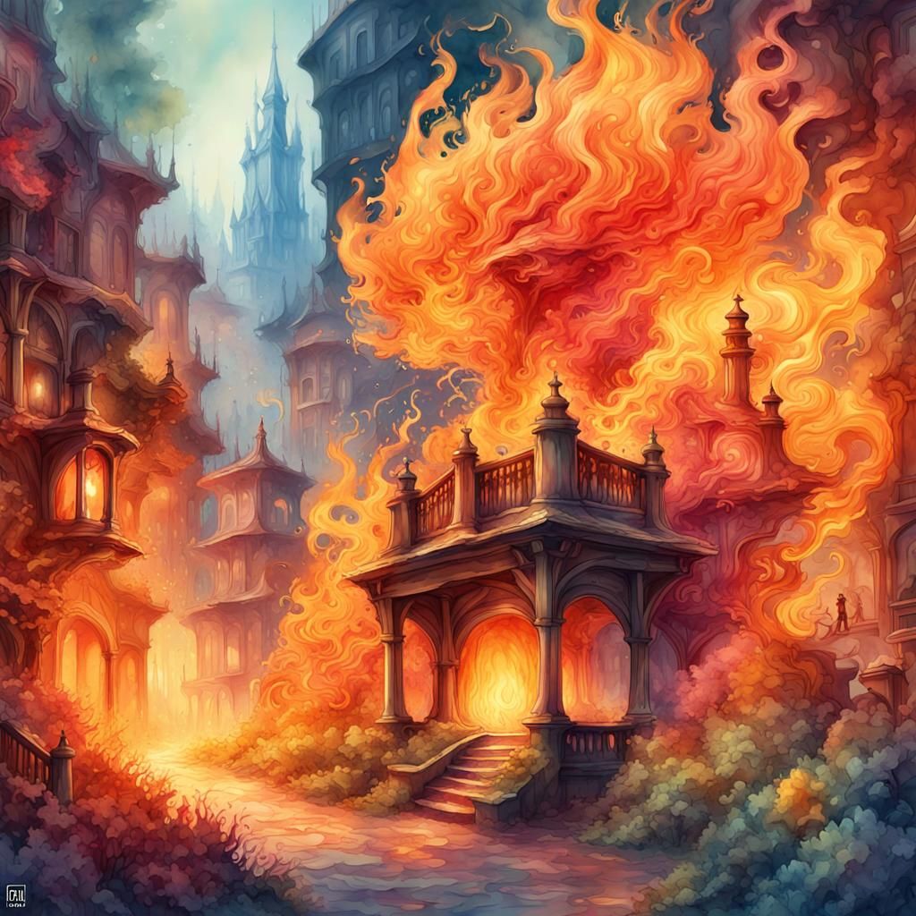 Fantasy Fire Watercolor Fairytale Illustration