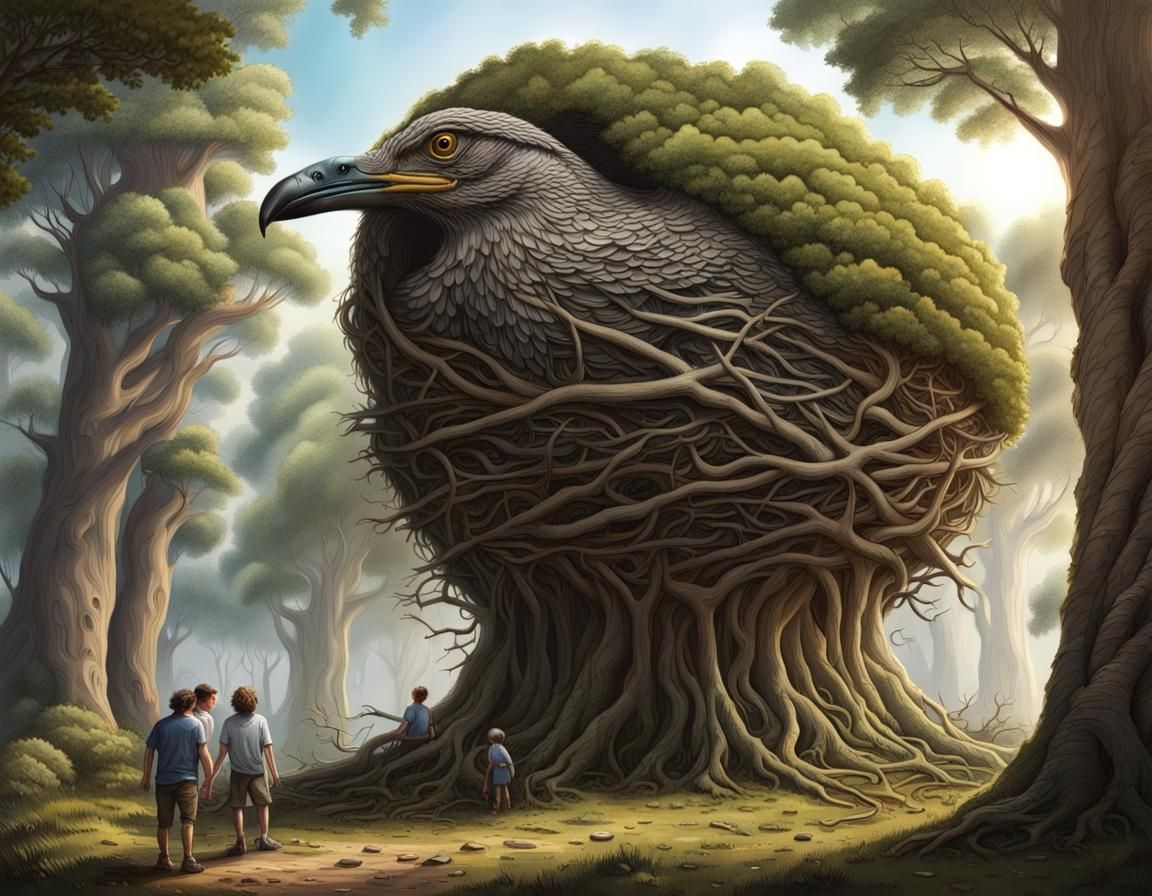 Hyperdetailed Giant Bird Building Tree Nest