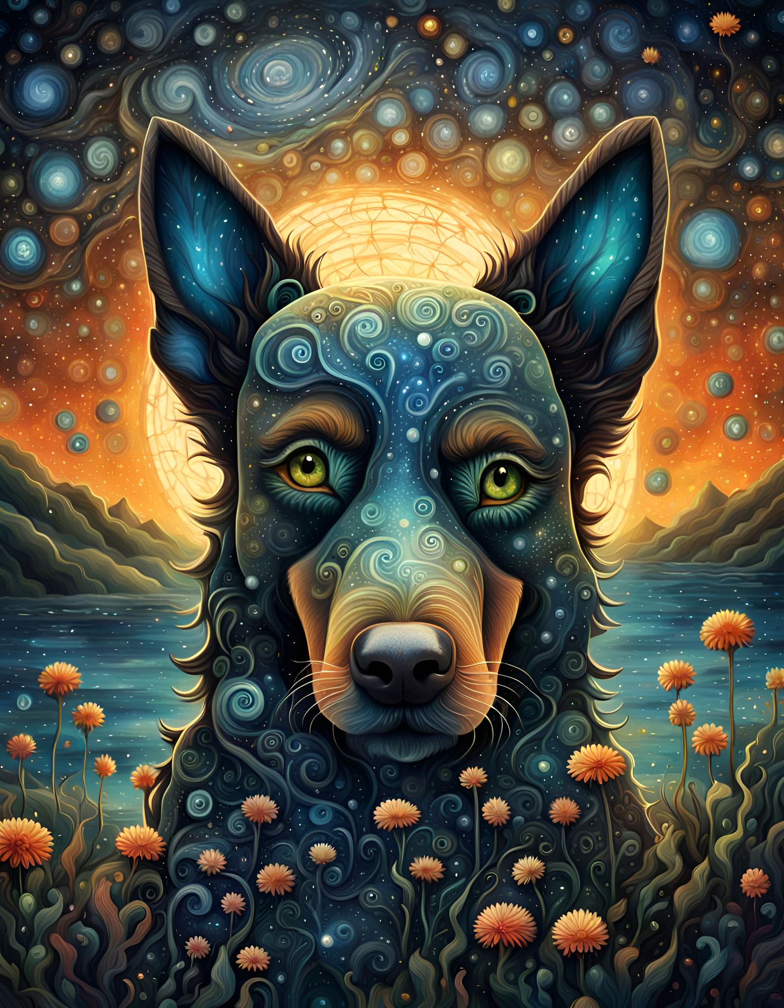 Android Dog Portrait in Dark Fantasy Style