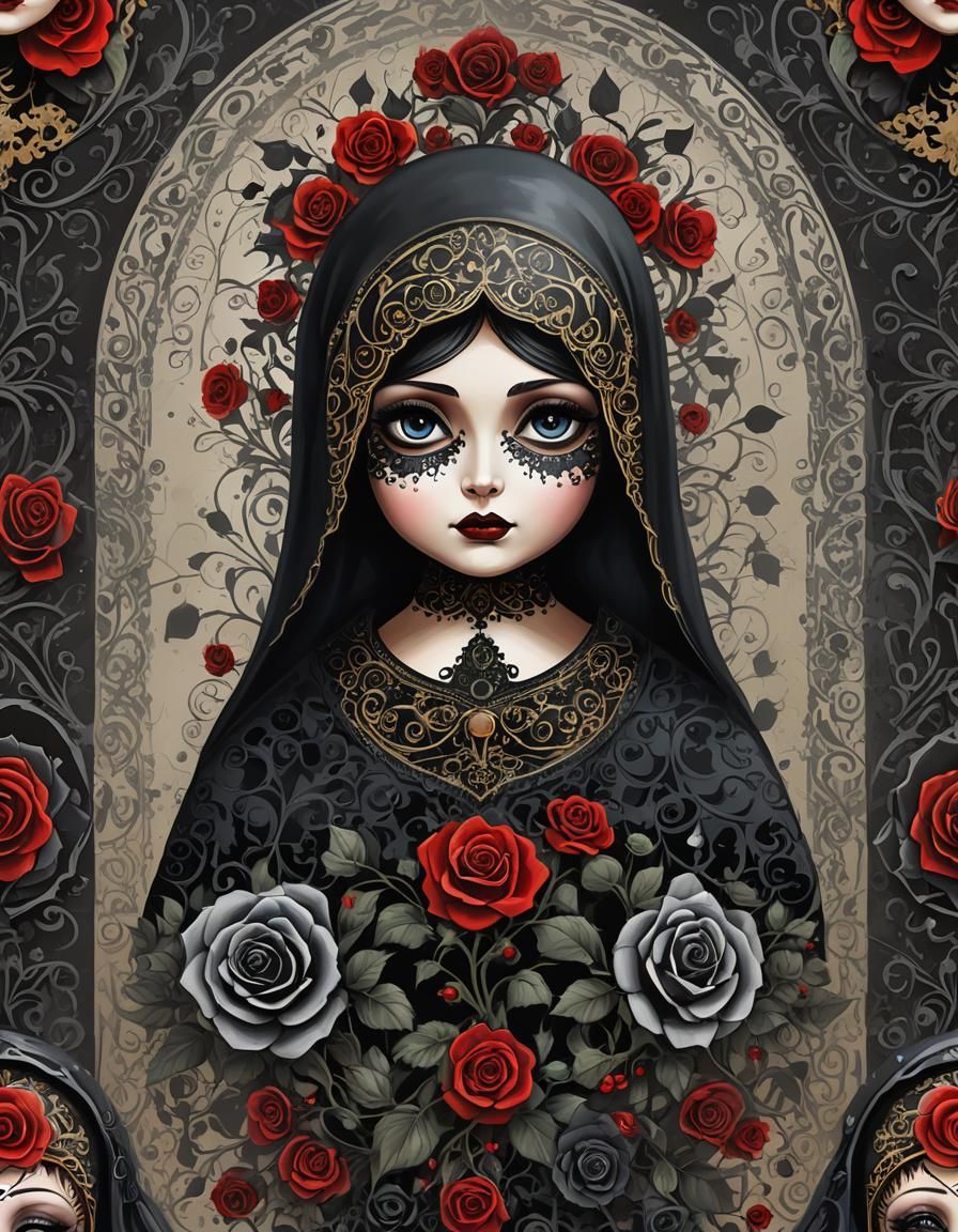 Gothic Black Widow Matryoshka Doll in Digital Painting