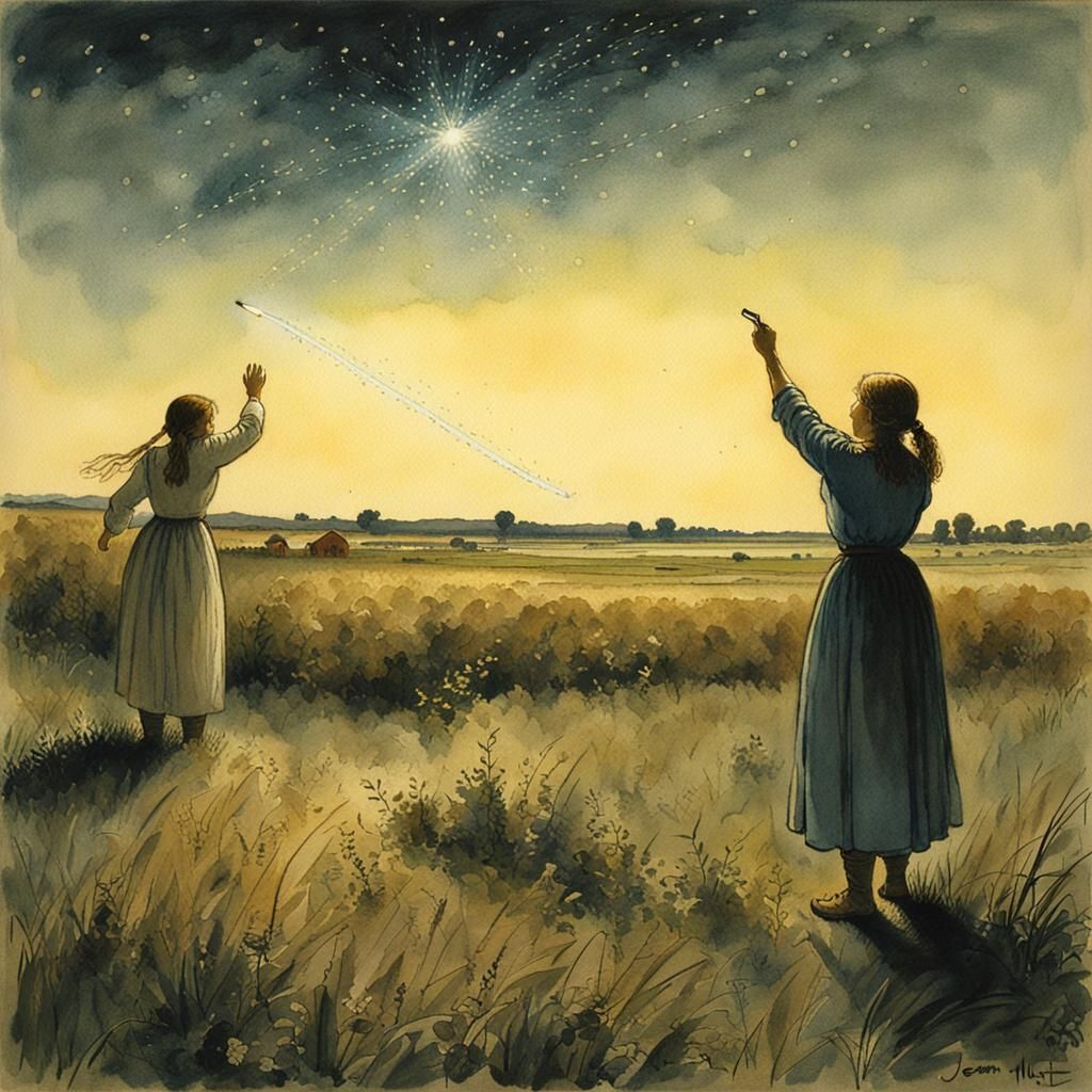 women watching shooting star in meadow mysteroius, watercolo...