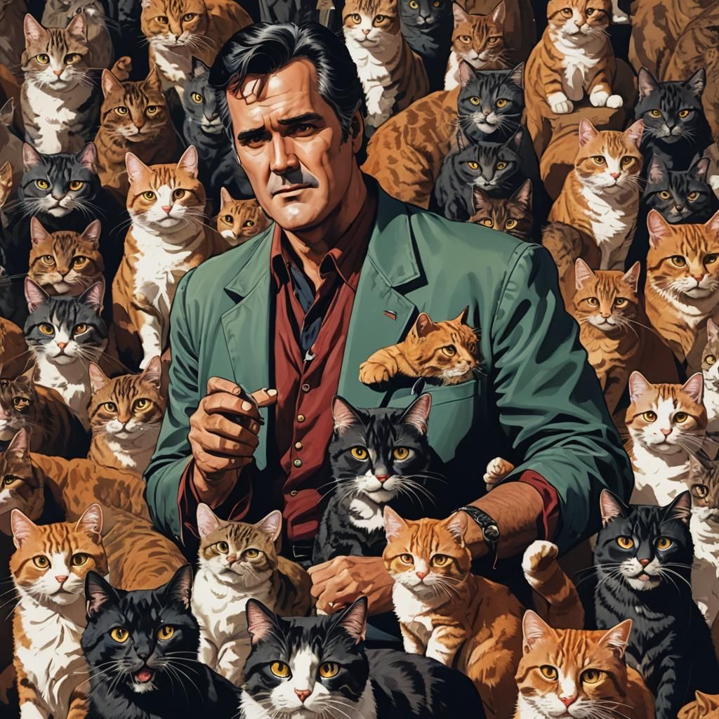 Bruce Campbell with Cats in Anime Style
