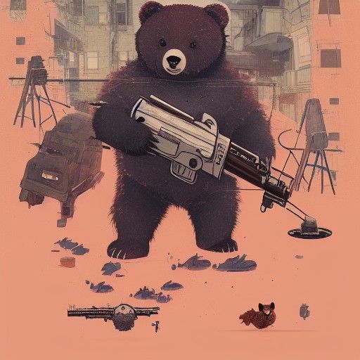 Cute Bear Character with Minigun: Detailed Matte Painting