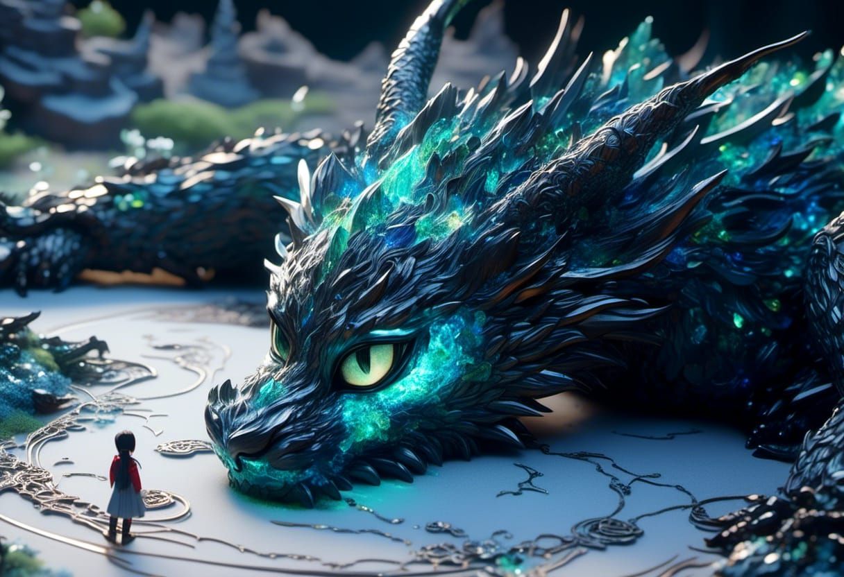 A small girl telling bedtime stories to a fearsome dragon.