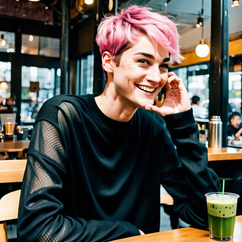 Person with Pink Hair Drinks Matcha Tea