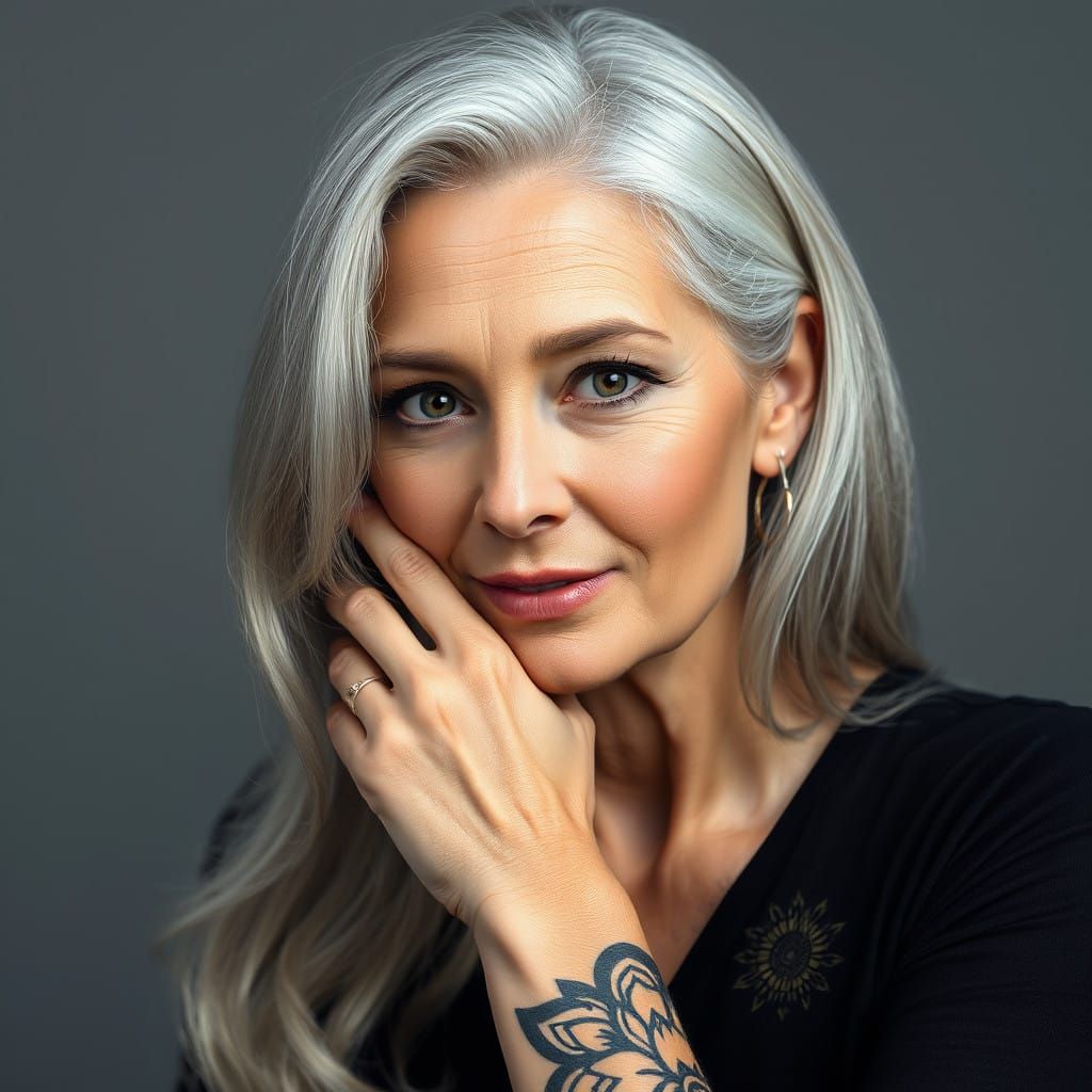 Serene Goddess with Silvery Hair and Intricate Tattoo Sleeve