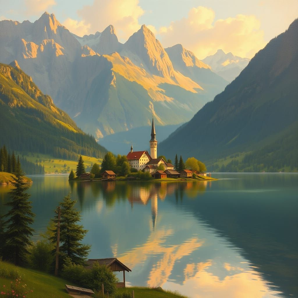 Romantic Village on Lake in Golden Light