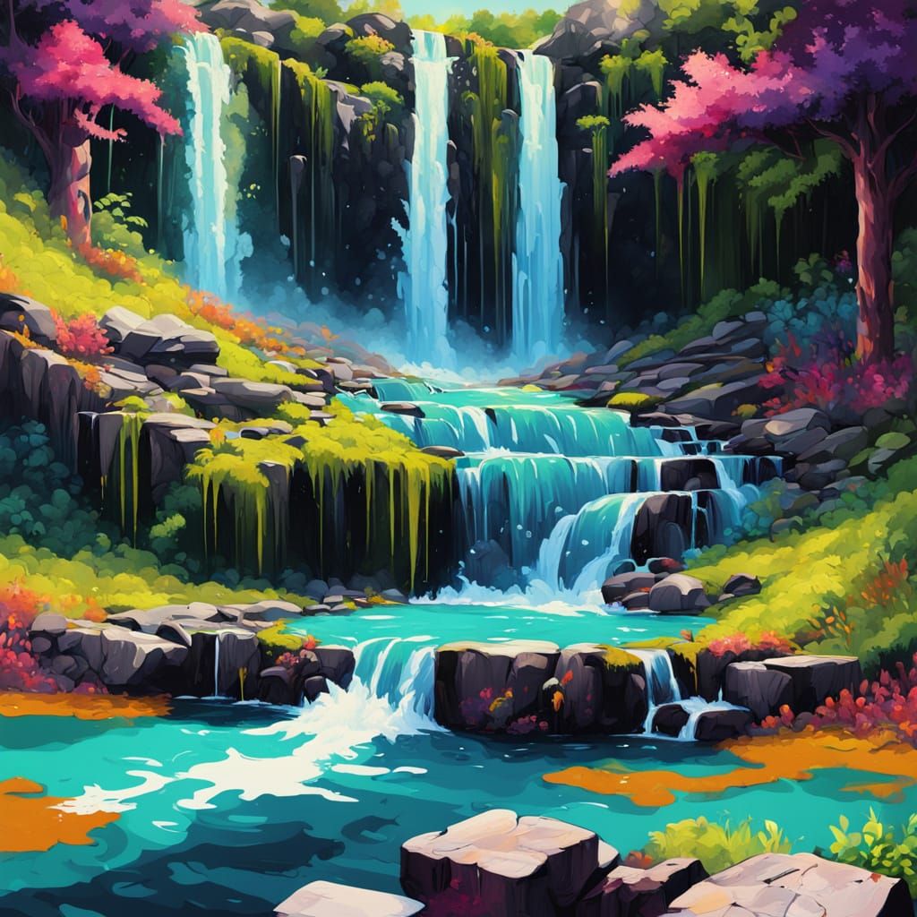 A majestic waterfall cascading down moss-covered rocks into ...