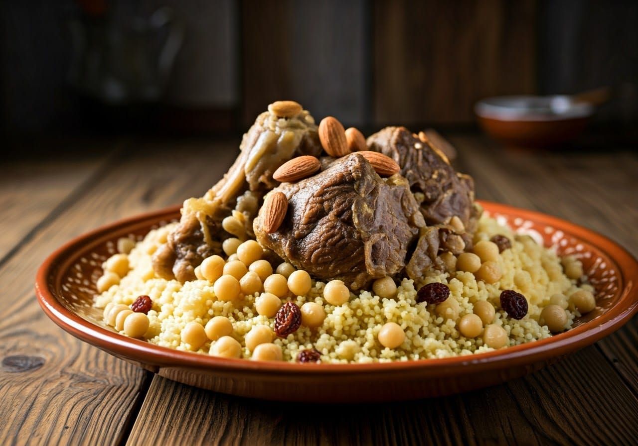 Tunisian Couscous with Lamb and Almonds: Hyper-Realistic Pho...