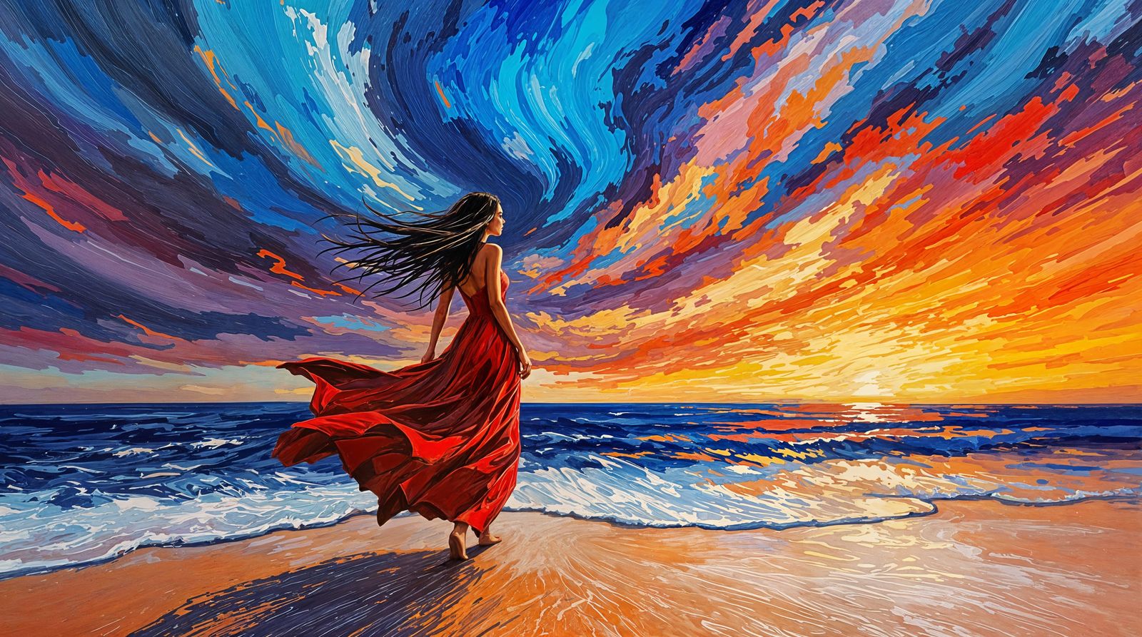 Impressionistic Beach Sunset with a Dramatic Red Dress