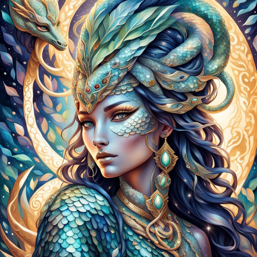 Serpent Woman with Mystical Jewelry and Ethereal Glow